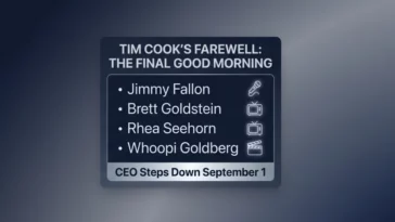 Infographic detailing the celebrity cameos in Tim Cook's final Good Morning video, including Jimmy Fallon and Brett Goldstein, marking his departure as Apple CEO on September 1.