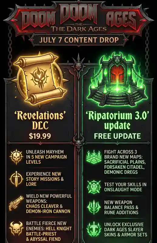 Infographic detailing the July 7 content drop for DOOM The Dark Ages, showing the $19.99 price for the Revelations DLC and the free Ripatorium 3.0 update.