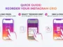 A step-by-step infographic showing how to reorder your Instagram grid, featuring instructions to long press a post, select the reorder grid option, and drag and drop to rearrange your profile aesthetic.