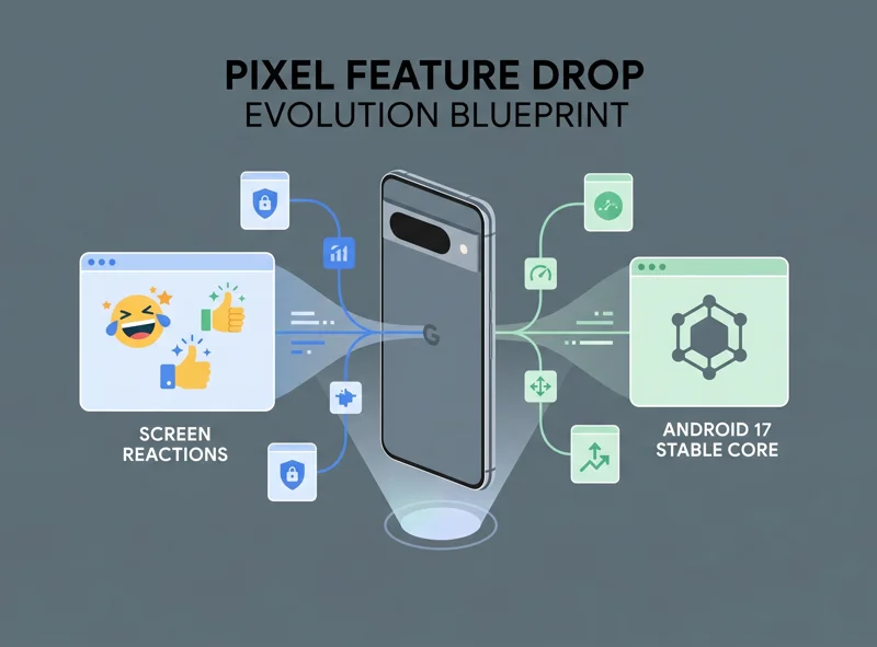 An infographic blueprint showing a modern Google Pixel smartphone displaying holographic UI panels for Screen Reactions and the stable Android 17 operating system core.