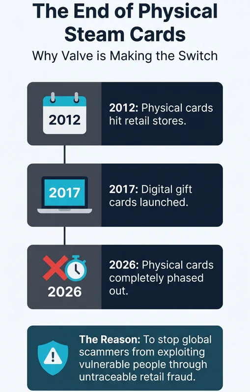 Infographic showing the timeline of Valve phasing out physical Steam gift cards by 2026 due to retail scammers.