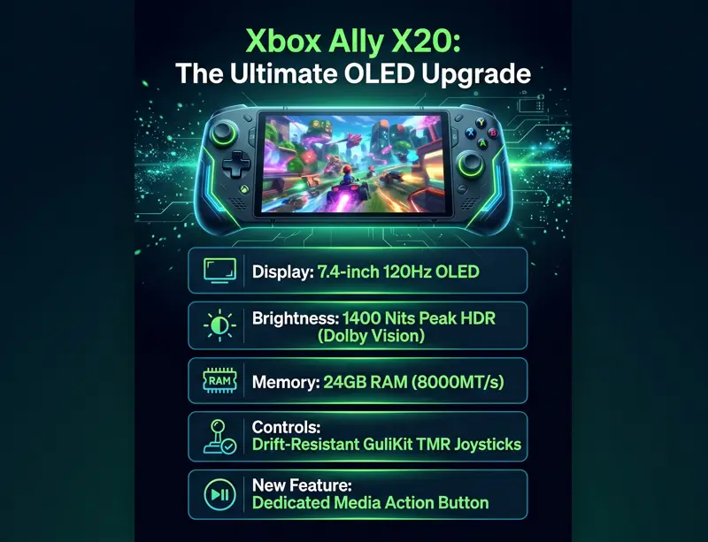 Infographic detailing the hardware upgrades of the Asus Xbox Ally X20 special edition OLED screen, including the 7.4-inch 120Hz display, 1400 nits brightness, and drift-resistant joysticks.