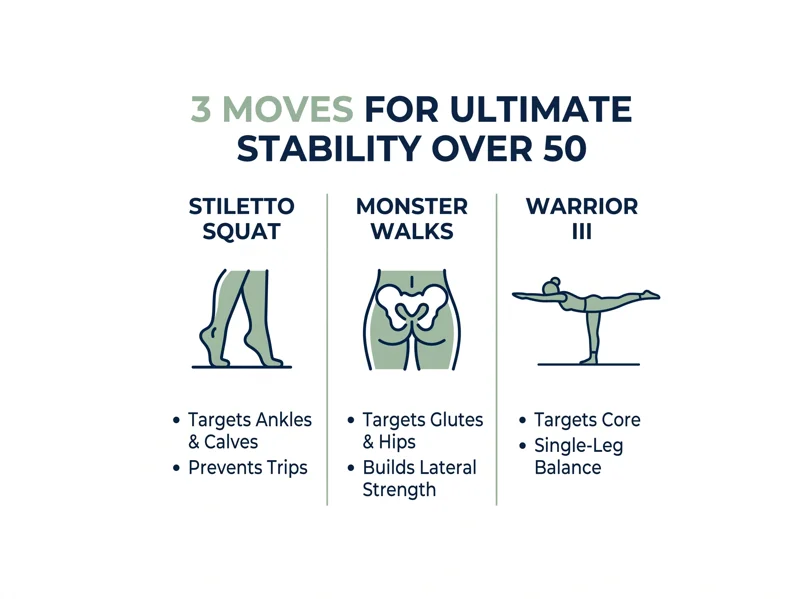 Infographic detailing 3 low-impact mobility moves for adults over 50, including the Stiletto Squat, Monster Walks, and Warrior III for ultimate stability.