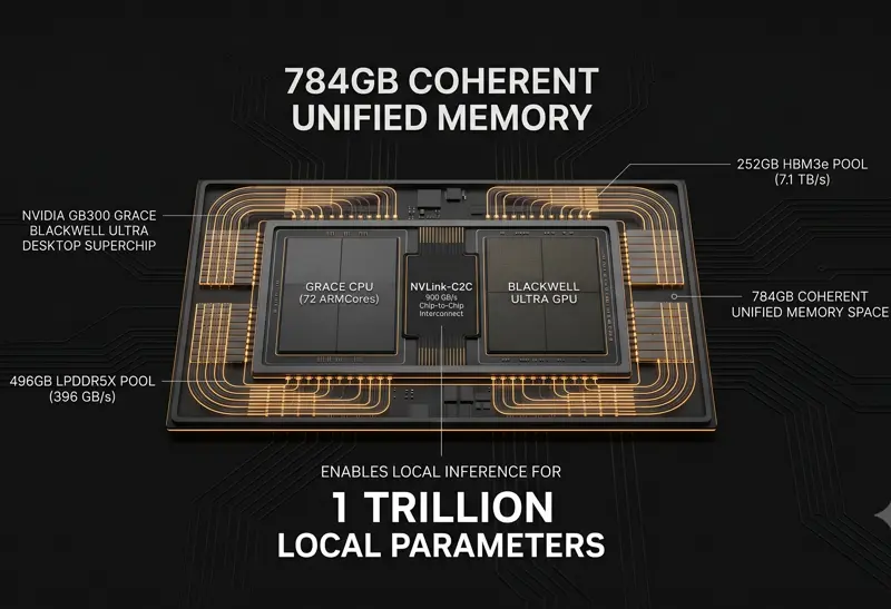 Infographic showing the HP ZGX Fury GB300 workstation specifications, highlighting its Nvidia Grace Blackwell chip, 784GB of unified memory, and 1 trillion parameter capacity.