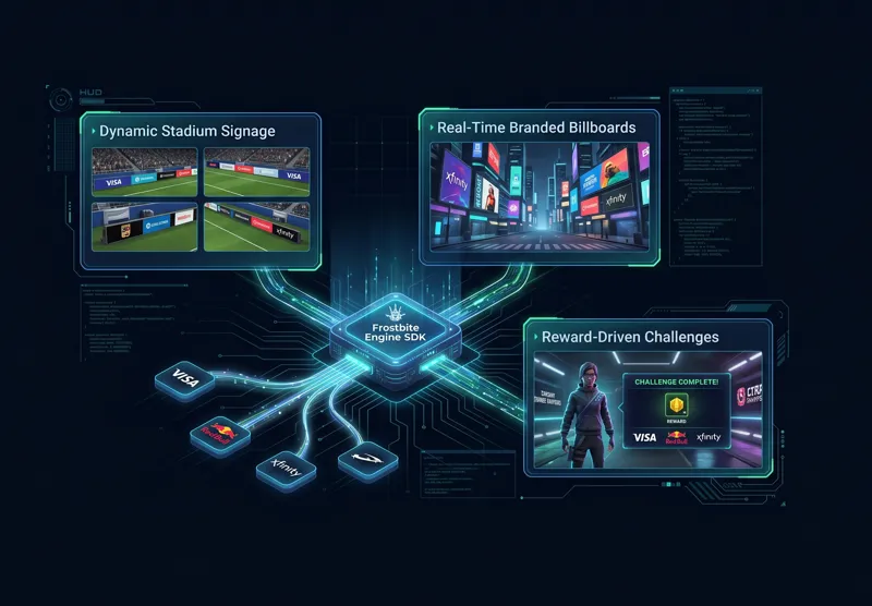 An infographic detailing EA's new in-game advertising ecosystem, showing how the Frostbite Engine SDK powers dynamic stadium signage, real-time billboards, and reward-driven challenges for major brands.