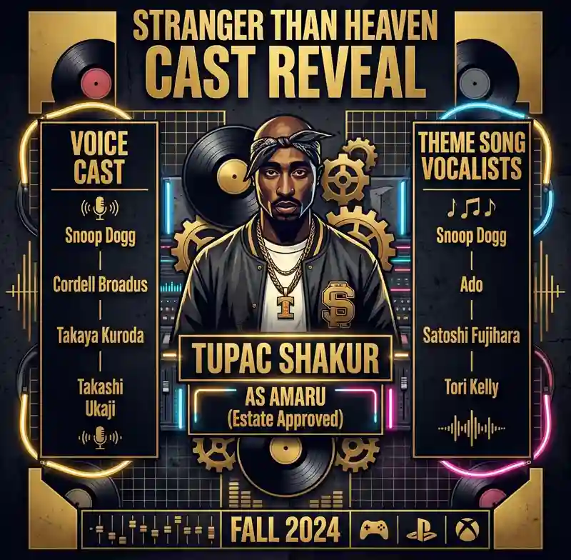 Infographic showcasing the official cast reveal for SEGA's Stranger Than Heaven, highlighting Tupac Shakur as the character Amaru alongside Snoop Dogg, Ado, and Tori Kelly.