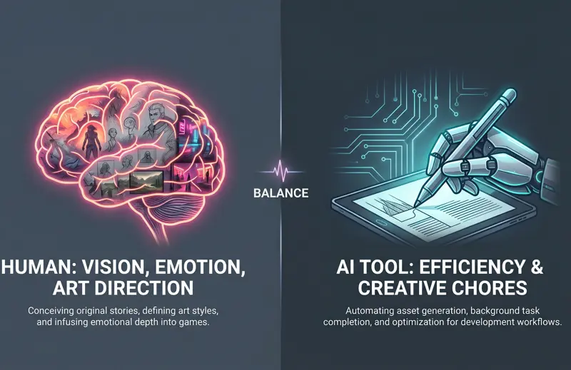 Infographic showing Hideo Kojima's philosophy on game development, separating human roles like vision and emotion from AI roles like efficiency and menial creative chores.