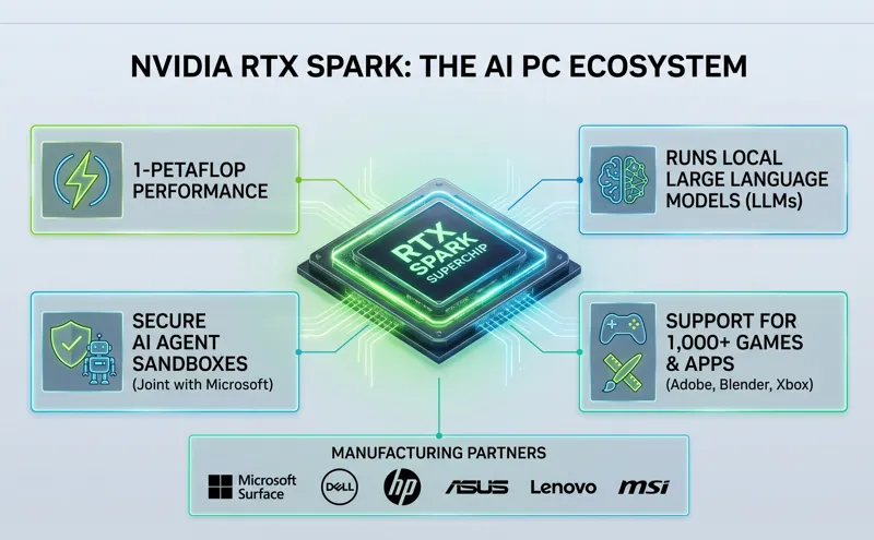 Infographic showing the Nvidia RTX Spark superchip ecosystem, highlighting 1-petaflop performance, secure AI agent sandboxes, local LLMs, and hardware partners like Microsoft, Dell, and HP.