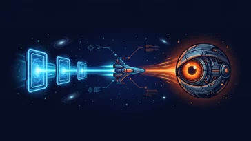 Infographic showing the split paths in Sector X, with the left route leading to the four warp gates and the right route leading to the Spyborg boss.