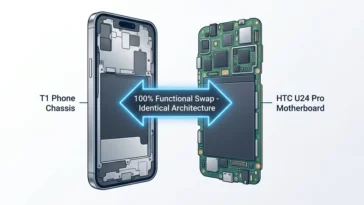 An infographic showing the iFixit teardown discovery that the HTC U24 Pro motherboard fits perfectly inside the Trump T1 Phone chassis.