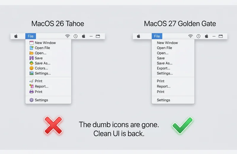 MacOS 27 Golden Gate Finally Kills Apple's Worst UI Mistake: The Dumb Menu Icons Are Gone!