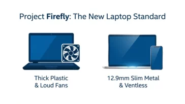 An infographic comparing traditional bulky plastic laptops with the new 12.9mm ultra-slim, ventless metal laptops created by Intel's Project Firefly.