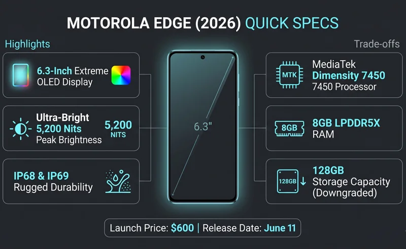 An infographic detailing the Motorola Edge (2026) specifications, highlighting the 6.3-inch Extreme OLED screen, 5,200 nits brightness, and the 128GB storage downgrade.
