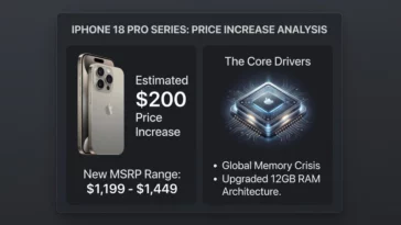 An infographic illustrating the estimated $200 price increase for the iPhone 18 Pro models, driven by the global memory crisis and the new 12GB RAM hardware architecture.