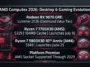 Infographic detailing AMD's Computex 2026 desktop hardware announcements, including the Radeon RX 9070 GRE, Ryzen 7 7700X3D pricing, and AM5 socket support through 2029.