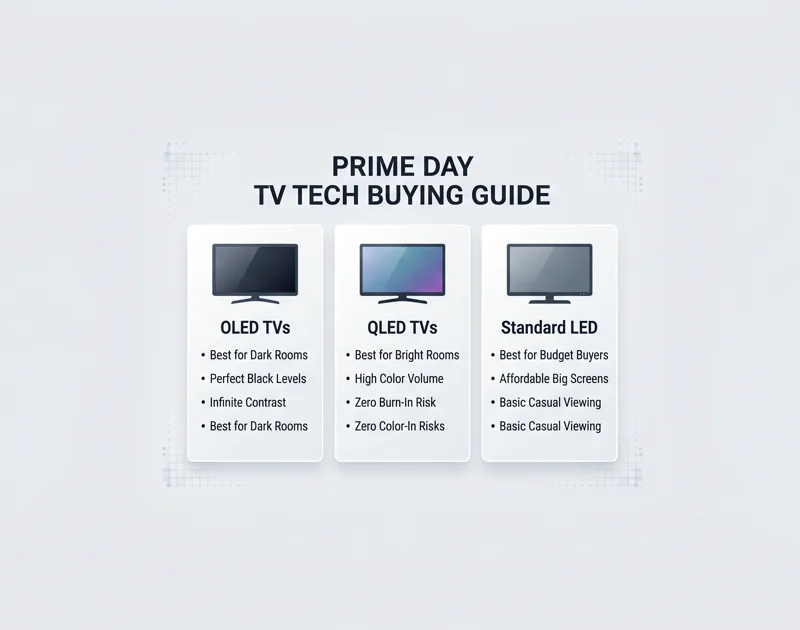 A clean technology infographic comparing OLED, QLED, and Standard LED display panels, highlighting the best rooms and use cases for each during Amazon Prime Day.