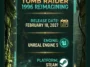 Infographic displaying the leaked technical details for the Tomb Raider 1996 reimagining, including the February 10, 2027 release date, Unreal Engine 5 graphics, and Steam availability.