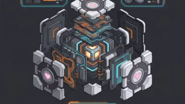 3D isometric infographic showing the engineering statistics of the canceled Dbrand Steam Machine Companion Cube, including 1,000 plus hours of engineering, 44 injection molds, and 7 months of development.