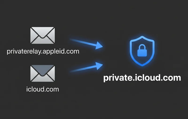 Infographic showing the consolidation of legacy Apple domains privaterelay.appleid.com and icloud.com merging into the new unified private.icloud.com domain.