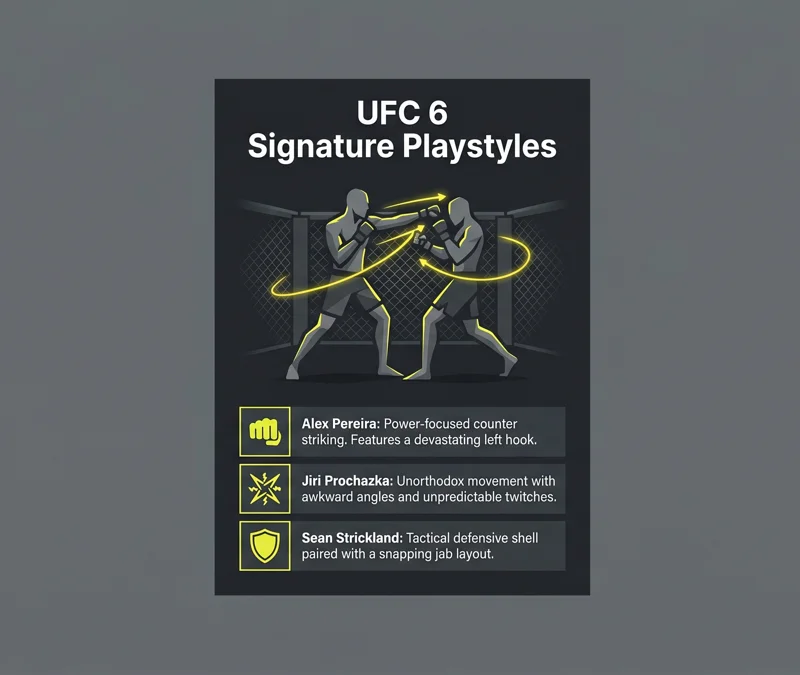 Infographic showing the unique gameplay mechanics of fighters in EA Sports UFC 6, highlighting Alex Pereira's left hook, Jiri Prochazka's unorthodox movement, and Sean Strickland's defensive shell.