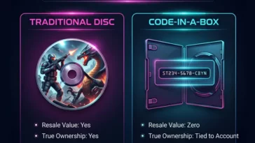An infographic comparing the features of traditional physical game discs, which offer true ownership and resale value, against the new code-in-a-box format for games like GTA 6, which have zero resale value and cannot be shared.