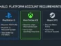 A high-tech gaming infographic detailing account requirements for Halo Campaign Evolved across PS5, Xbox, and Steam, showing the mandatory Microsoft account and Xbox Gamertag link.