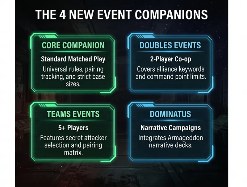 A sci-fi infographic detailing the four new Warhammer 40,000 tournament documents: Core Companion, Doubles Events, Teams Events, and Dominatus Campaigns.
