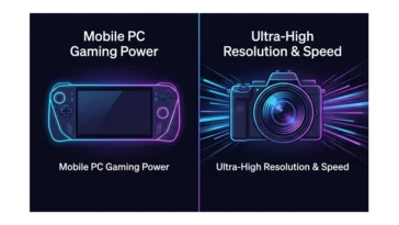 Infographic comparing the high gaming performance of the MSI Claw 8 EX AI+ handheld console with the ultra-high resolution and speed of the Sony A7R VI camera.