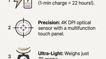 Infographic detailing the hardware specifications of the Logitech Mobi Fold mouse, including battery life, weight, and sensor DPI.