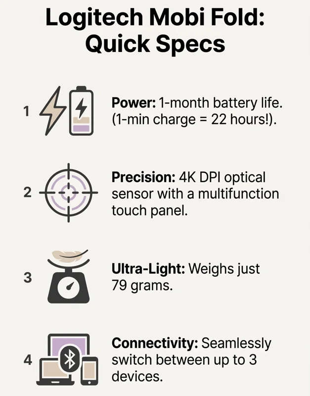 Infographic detailing the hardware specifications of the Logitech Mobi Fold mouse, including battery life, weight, and sensor DPI.