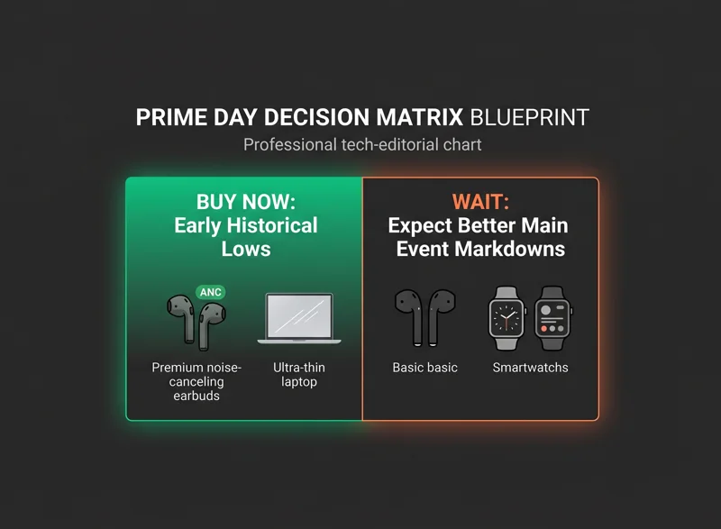 An infographic decision matrix dividing Apple products into a green Buy Now section for early record lows and an orange Wait section for upcoming main event sales.