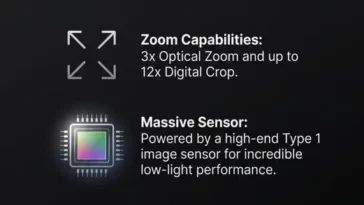 Infographic detailing the leaked hardware specs of the Insta360 Luna Ultra gimbal camera, highlighting the Leica lens and Type 1 sensor.