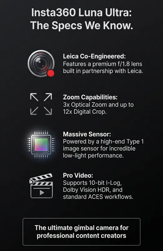 Infographic detailing the leaked hardware specs of the Insta360 Luna Ultra gimbal camera, highlighting the Leica lens and Type 1 sensor.