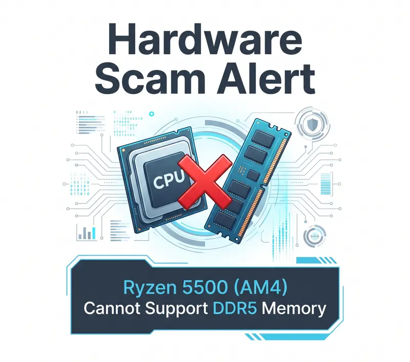 Infographic explaining the hardware compatibility error in the fake $688 Steam Machine clone, highlighting that an AM4 Ryzen 5 5500 cannot use DDR5 memory.