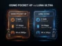 Dark mode infographic comparing the camera specifications of the DJI Osmo Pocket 4P and Insta360 Luna Ultra, highlighting sensor sizes, dynamic range, and maximum framerates.