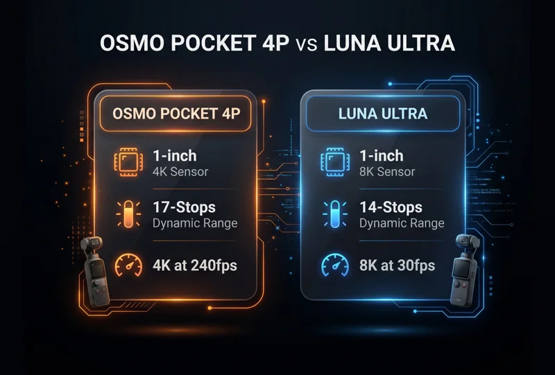Dark mode infographic comparing the camera specifications of the DJI Osmo Pocket 4P and Insta360 Luna Ultra, highlighting sensor sizes, dynamic range, and maximum framerates.