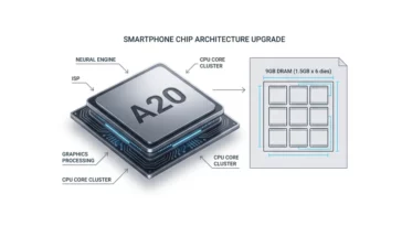 Technical infographic showing the new A20 microchip and the 1.5GB x 6 dies structure for the upcoming 9GB RAM iPhone upgrade.