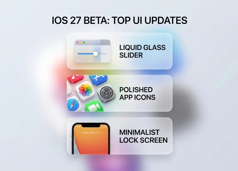 Infographic showcasing the top UI updates in the iOS 27 developer beta, including the Liquid Glass opacity slider, polished app icons, and minimalist lock screen time.
