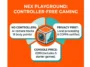 Infographic detailing the Nex Playground console features, including its £269 price tag, controller-free AI camera tracking 18 body points, and strict COPPA-certified local privacy processing.