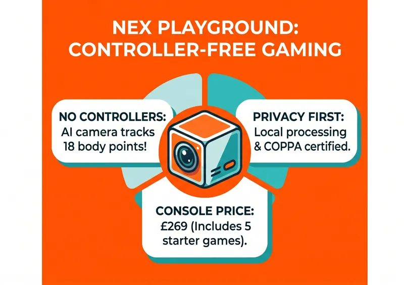 Infographic detailing the Nex Playground console features, including its £269 price tag, controller-free AI camera tracking 18 body points, and strict COPPA-certified local privacy processing.