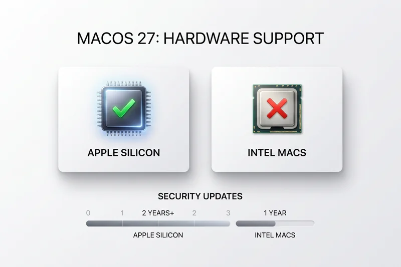 Infographic showing macOS 27 hardware support, highlighting the requirement for Apple Silicon and the end of the Intel Mac era, along with the security update timeline for older systems.