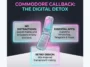Infographic highlighting the digital detox features of the Commodore Callback flip phone, including blocked social media, essential messaging apps, and its retro transparent design.