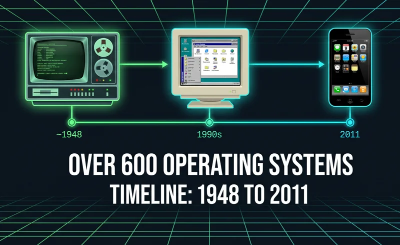 Infographic illustrating the timeline of the Virtual OS Museum, showing the evolution of over 600 classic operating systems from 1948 to 2011.