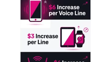 Infographic showing T-Mobile's forced migration price increases, featuring a $6 monthly hike for standard voice lines and 5G home internet, and a $3 increase for tablets and smartwatches.