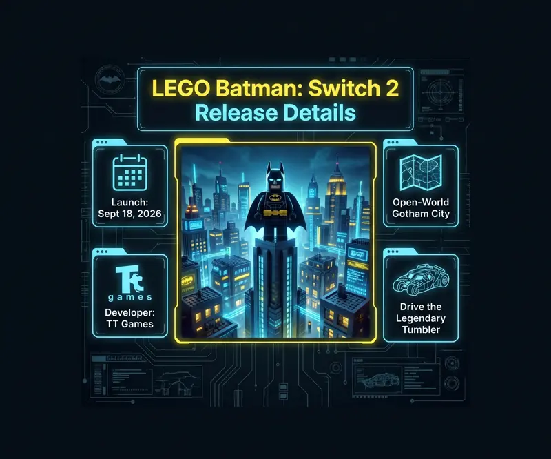 Infographic detailing the September 18, 2026, Nintendo Switch 2 release date for LEGO Batman: Legacy of the Dark Knight, highlighting open-world Gotham features.