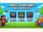 Voxel-style infographic showing the three free Minecraft Chaos Cubed jerseys: Brawler, Builder, and Rancher, available for both Bedrock and Java editions.
