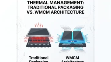 An infographic comparing traditional vertically stacked smartphone chips with the new side-by-side WMCM architecture, demonstrating how the A20 Pro chip dissipates heat.