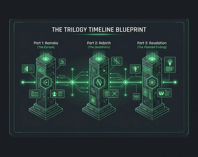 Infographic timeline showing the progression of the Final Fantasy 7 Remake trilogy from Remake to Rebirth, and concluding with the planned ending in Revelation.