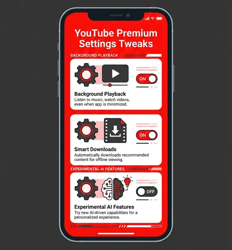 Infographic showing how to optimize YouTube Premium features settings, including Smart Downloads, background playback, and experimental AI tools.