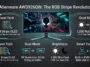 Infographic detailing the specs of the Alienware AW3926QW 5K OLED monitor, including the RGB stripe panel, dual-mode 330Hz refresh rate, and 1,300 nits peak brightness.